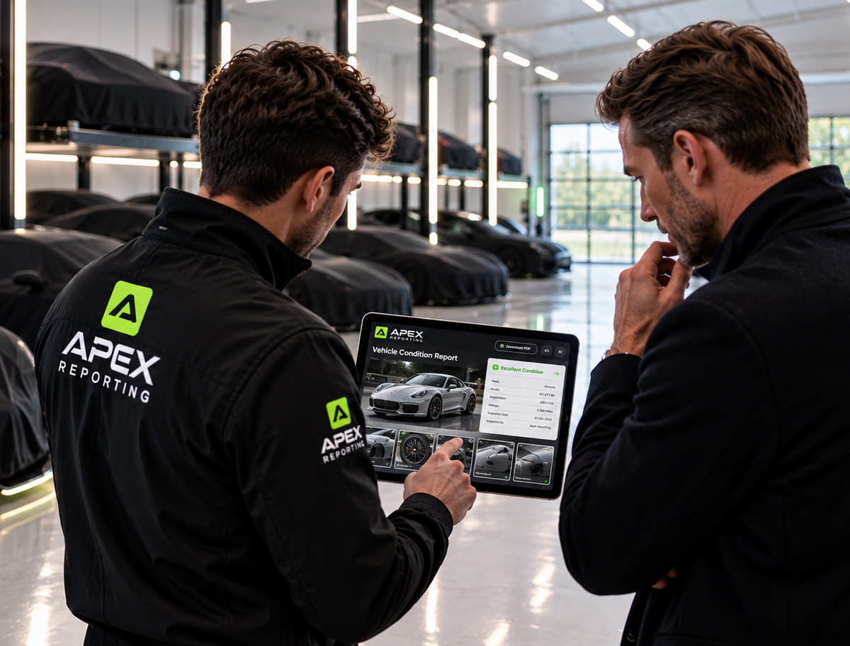 Two Apex inspectors reviewing a completed vehicle condition report on a tablet inside a vehicle storage facility