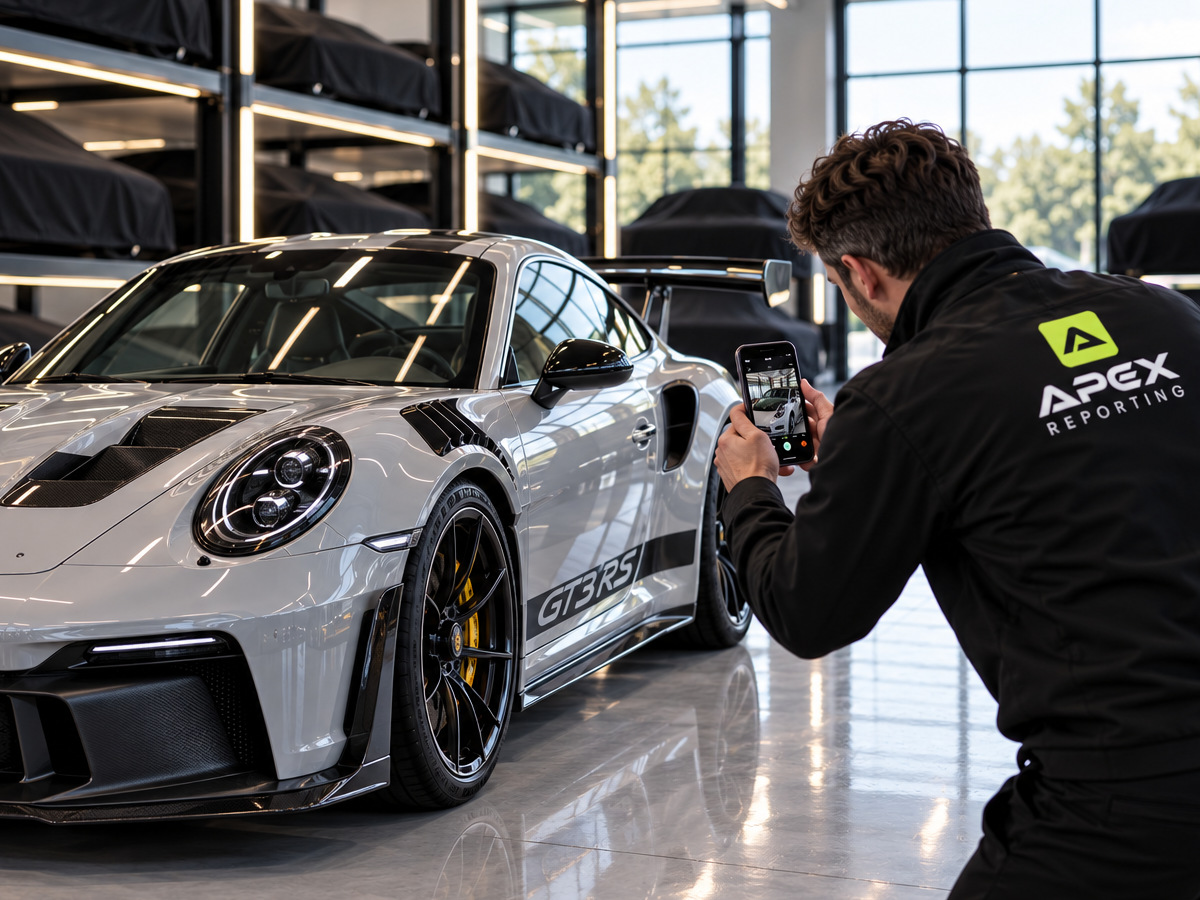 Apex inspector in an Apex Reporting jacket photographing a silver Porsche 911 GT3 RS inside a luxury vehicle storage facility