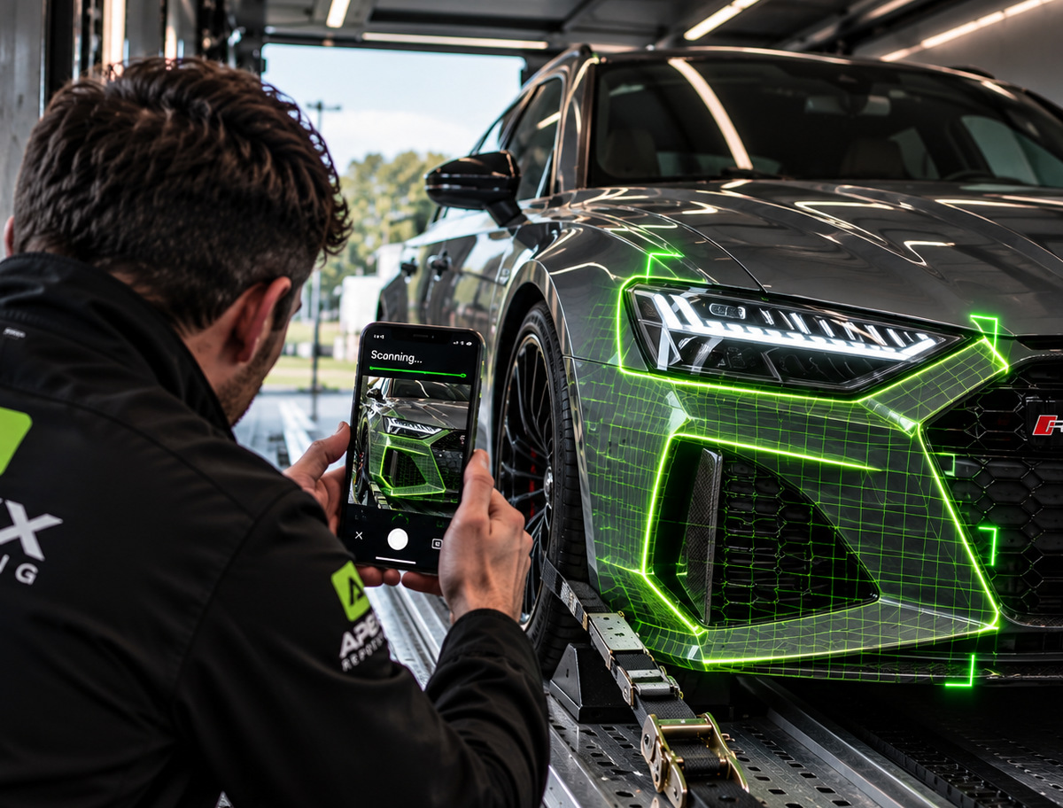 Apex inspector scanning a vehicle bumper with the Apex app, showing a live green detection overlay