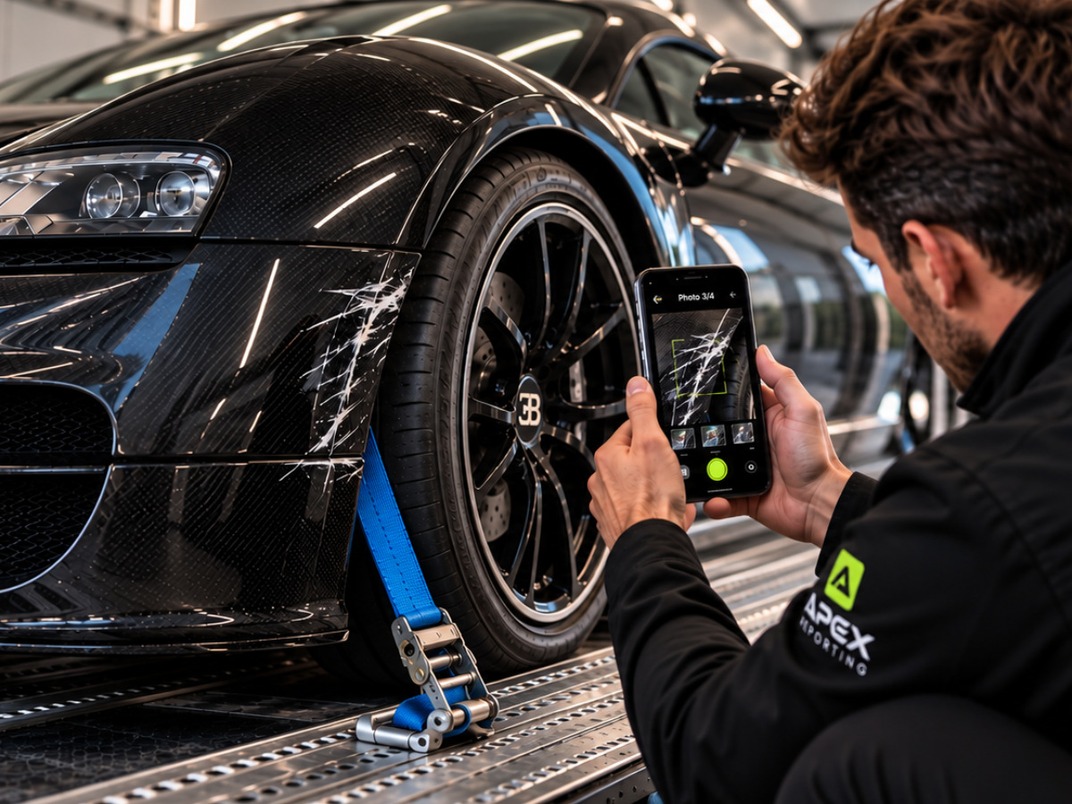 Apex inspector photographing damage to a black supercar's wheel arch with the guided camera app while the vehicle sits on a transporter