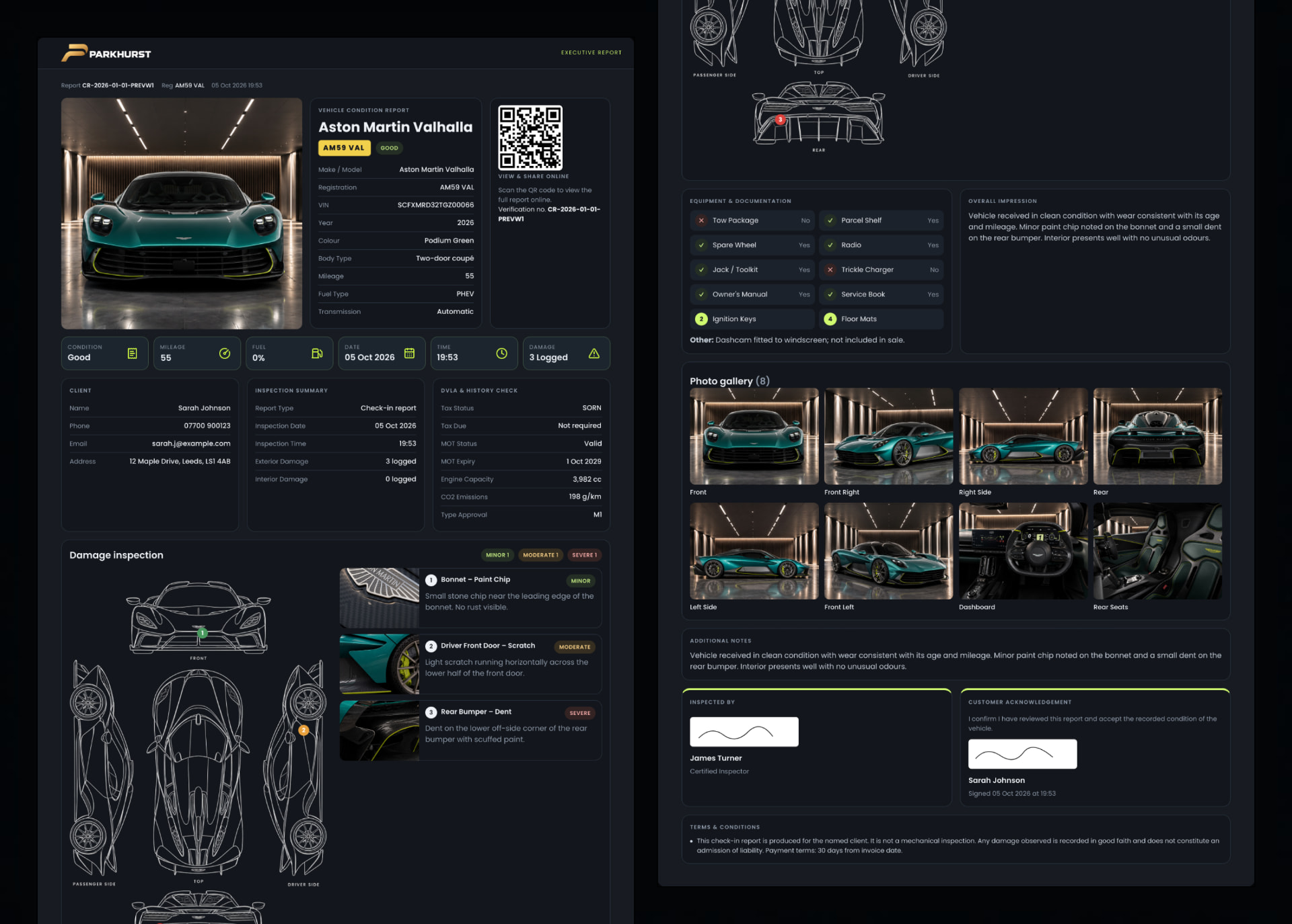Apex Reporting executive vehicle condition report for an Aston Martin Valhalla, showing vehicle details, damage inspection, photo gallery and signatures