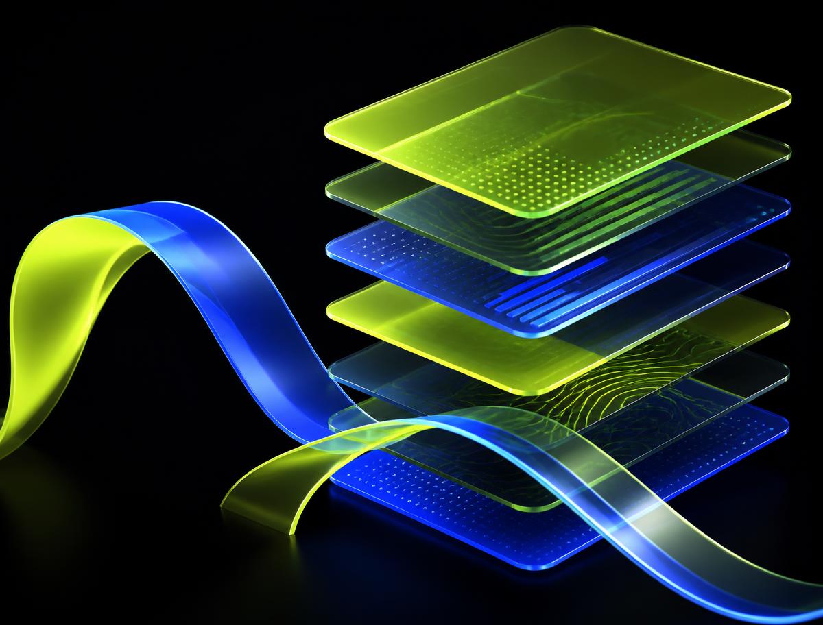 Abstract graphic of layered translucent panels in lime and blue representing structured inspection data