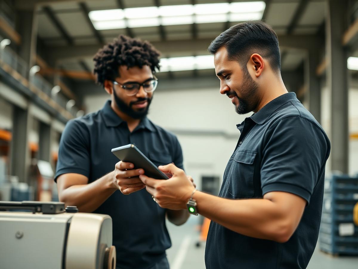 Two inspectors reviewing equipment condition together on a tablet in a warehouse